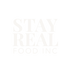 Alternative logo for stay real food inc. when the background image is dark. Text 'STAY REAL FOOD INC' in a minimalist style on a white background
