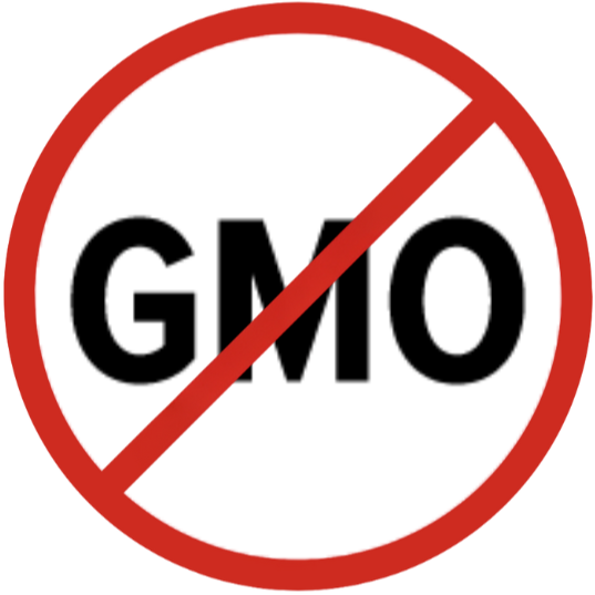 No GMO symbol with a red circle and line through it on a white background