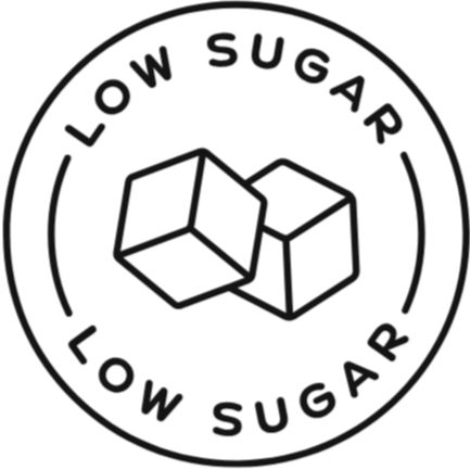 Circular logo with 'Low Sugar' text and sugar cube icons on a white background