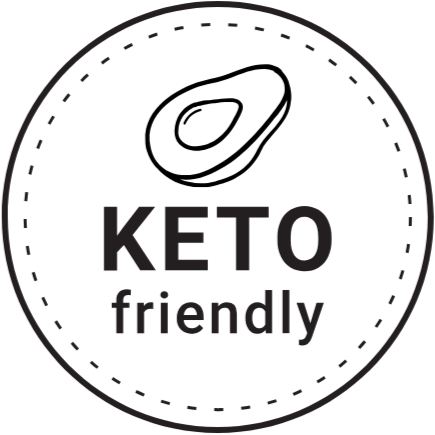 Keto friendly badge with avocado icon on a white background